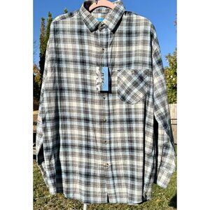 BTC Plaid Flannel Button Up Shirt Mens Large Blue Gray Black Western Country NWT